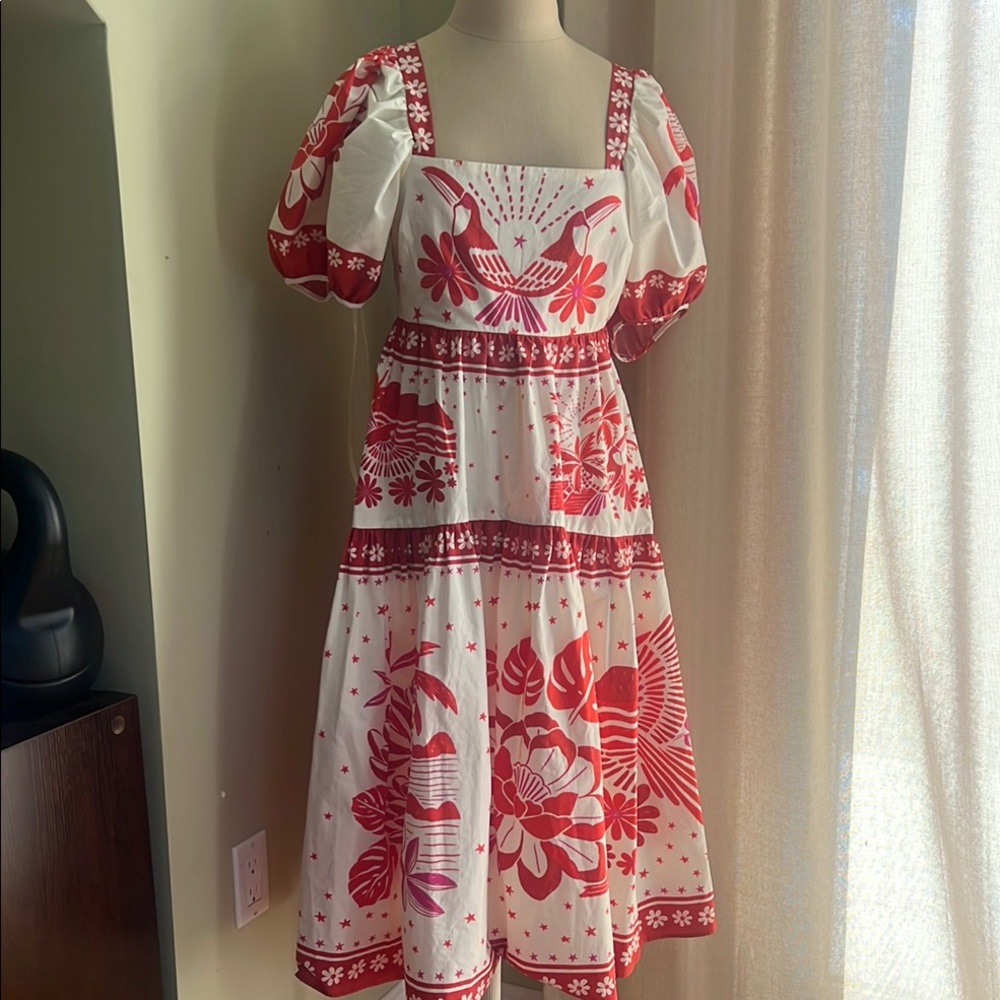 FARM Rio White Midi Dress with Red Floral Print